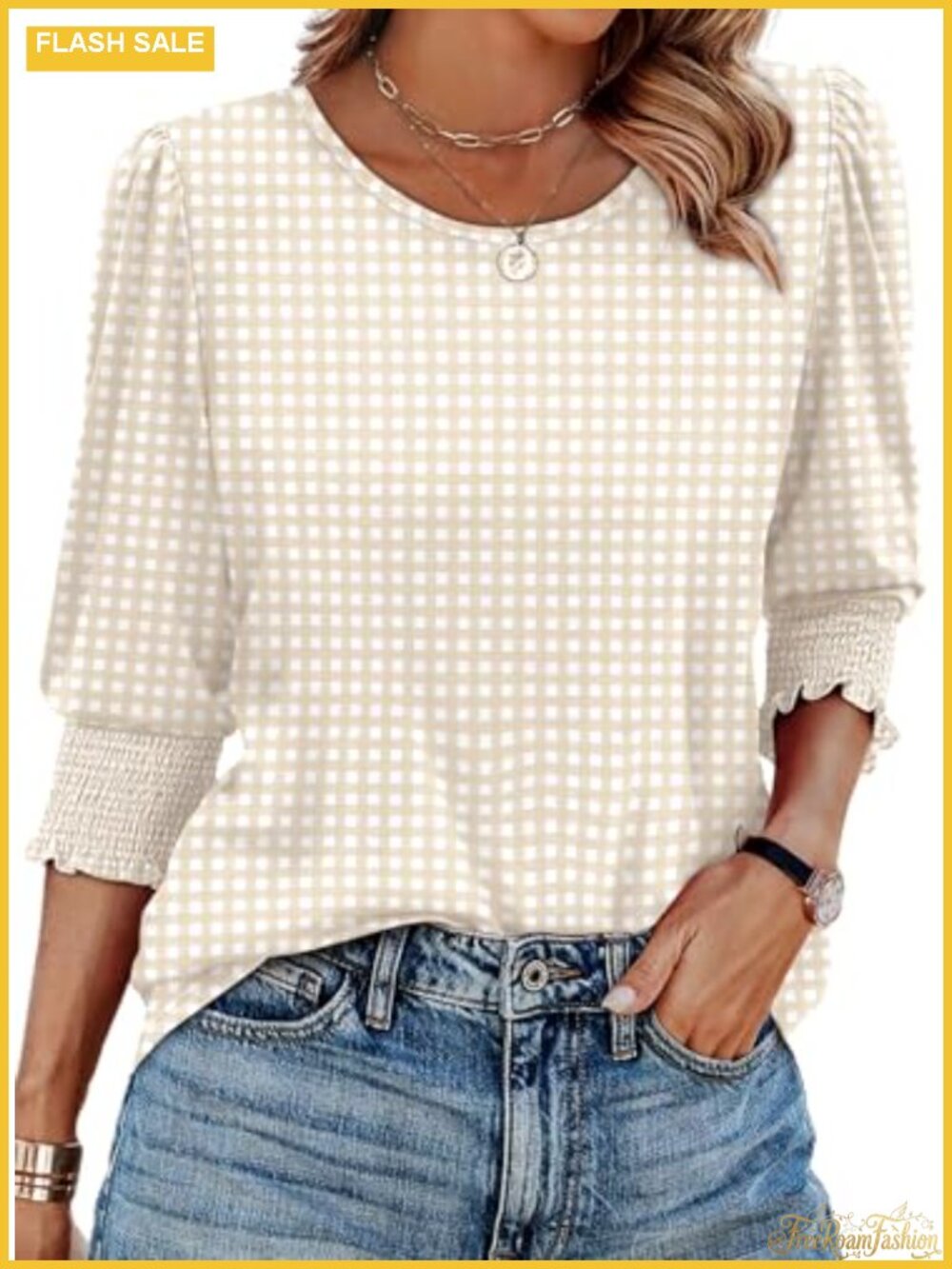 Womens Dressy Casual Blouse 3/4 Sleeve Smocked Cuff Pullover Top